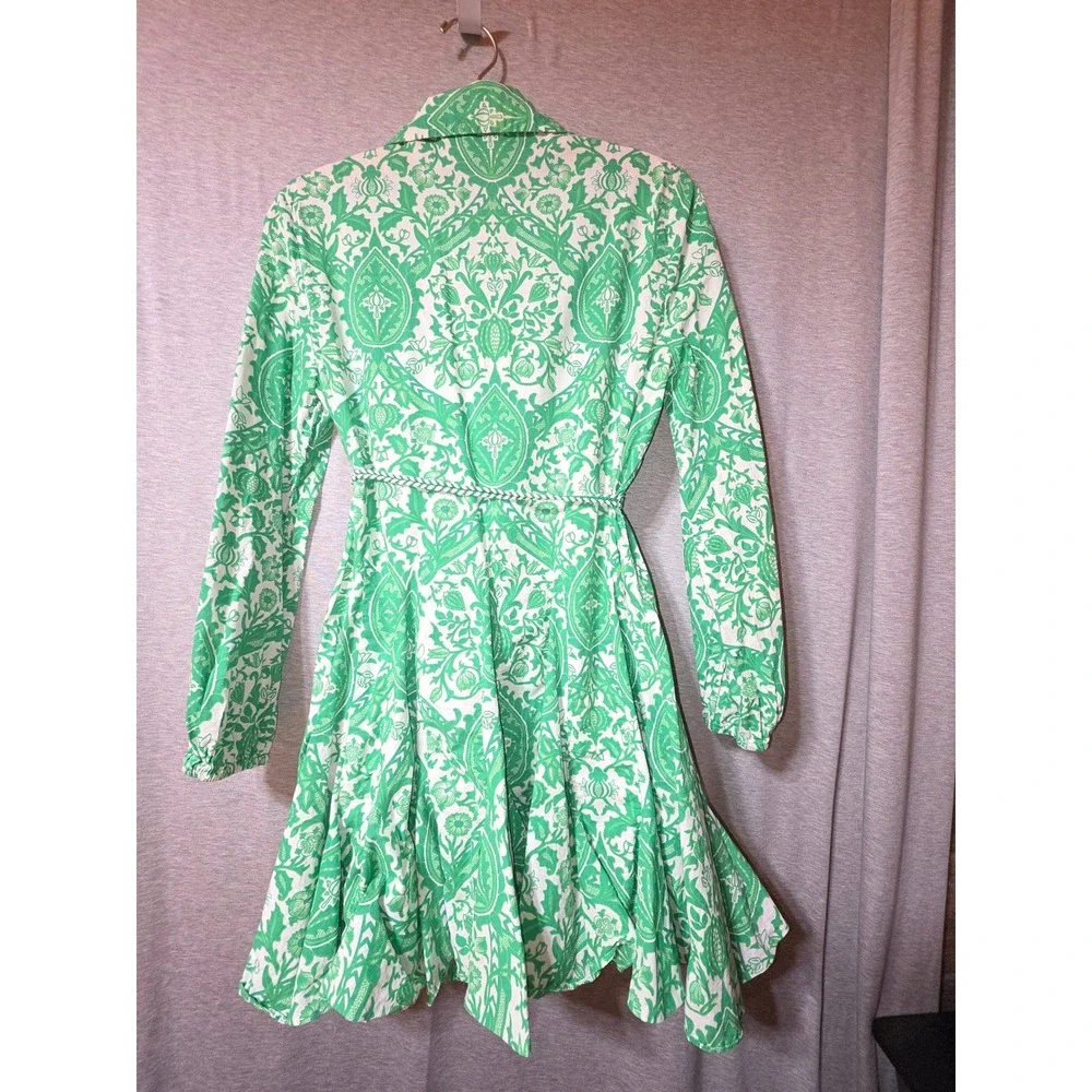 Zara Green White Damask Paisley Print Mini Shirt Dress Braided Belt Womens Sz M - Picture 2 of 8